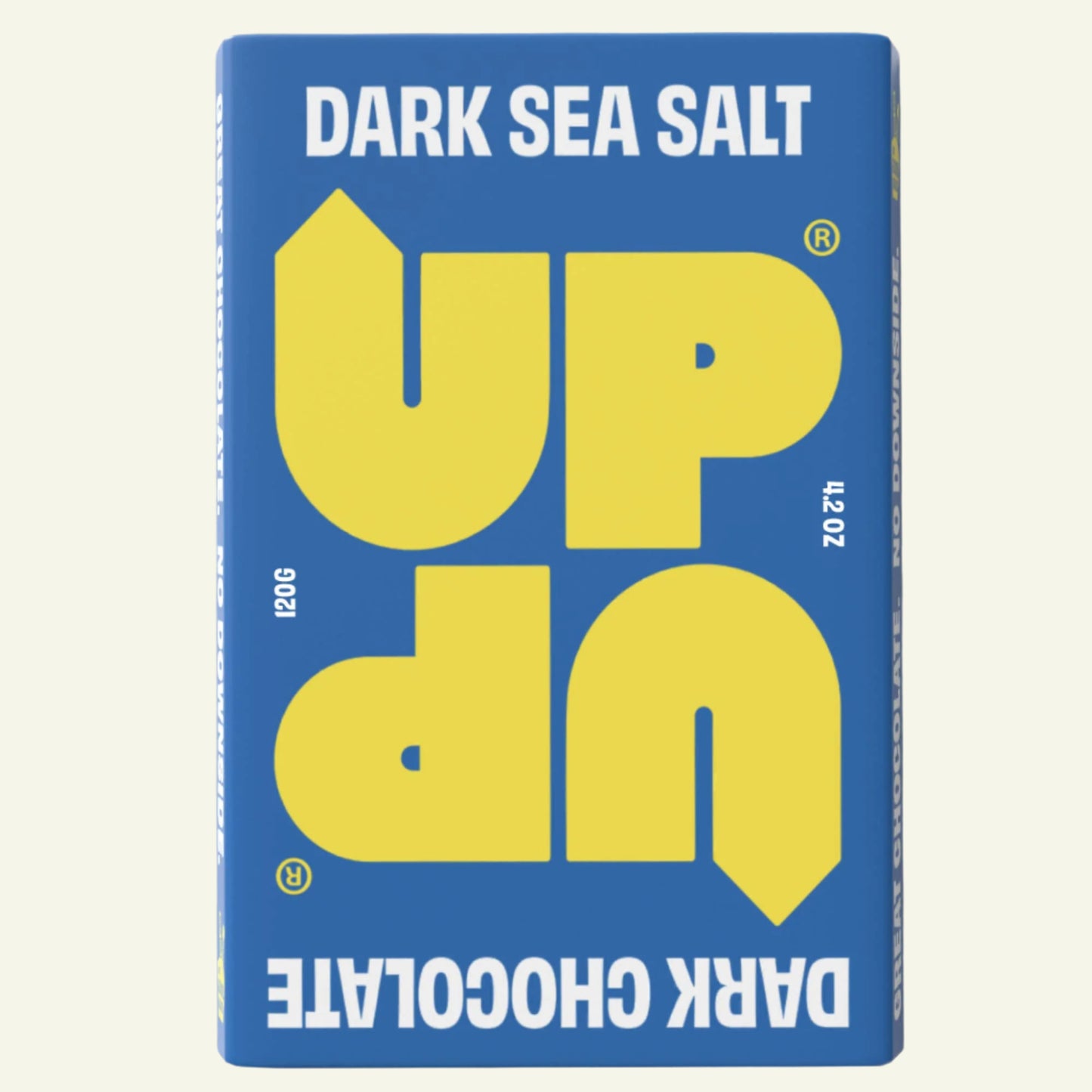 A blue packaging of UP-UP Dark Sea Salt chocolate bar with large yellow text and smaller white text at the bottom.