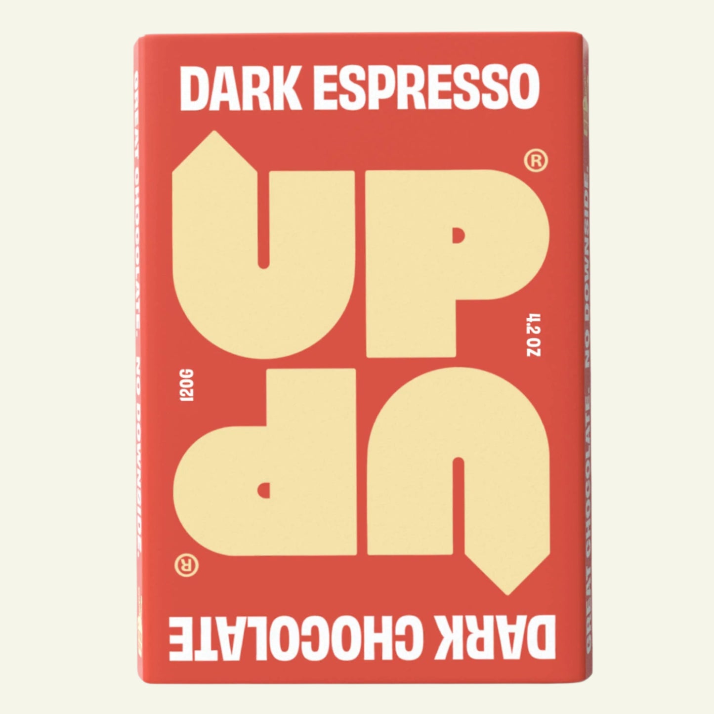 A red package of UP-UP Dark Espresso chocolate with bold white text saying 'UP' and 'DARK ESPRESSO' on the front.