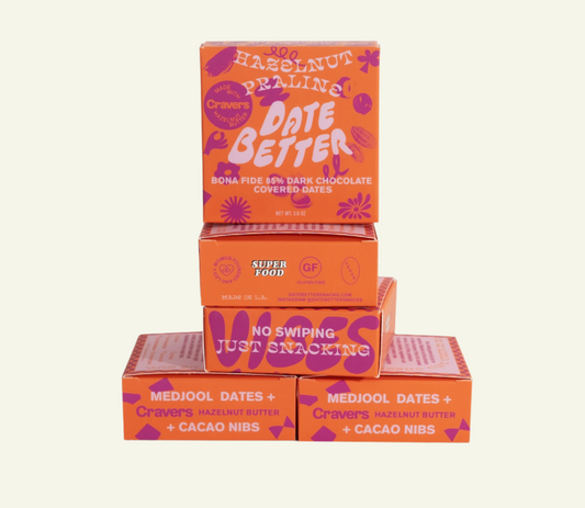 Stack of 'Date Better' and 'No Swiping Just Snacking' chocolate bars on a white background
