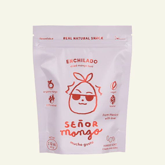 Señor Mango dried mango snack package on a white background