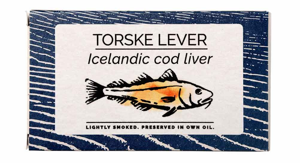 A rectangular product box for Torske Lever Icelandic cod liver, featuring a navy blue and white striped pattern with a central white label containing black text and an illustration of a fish.