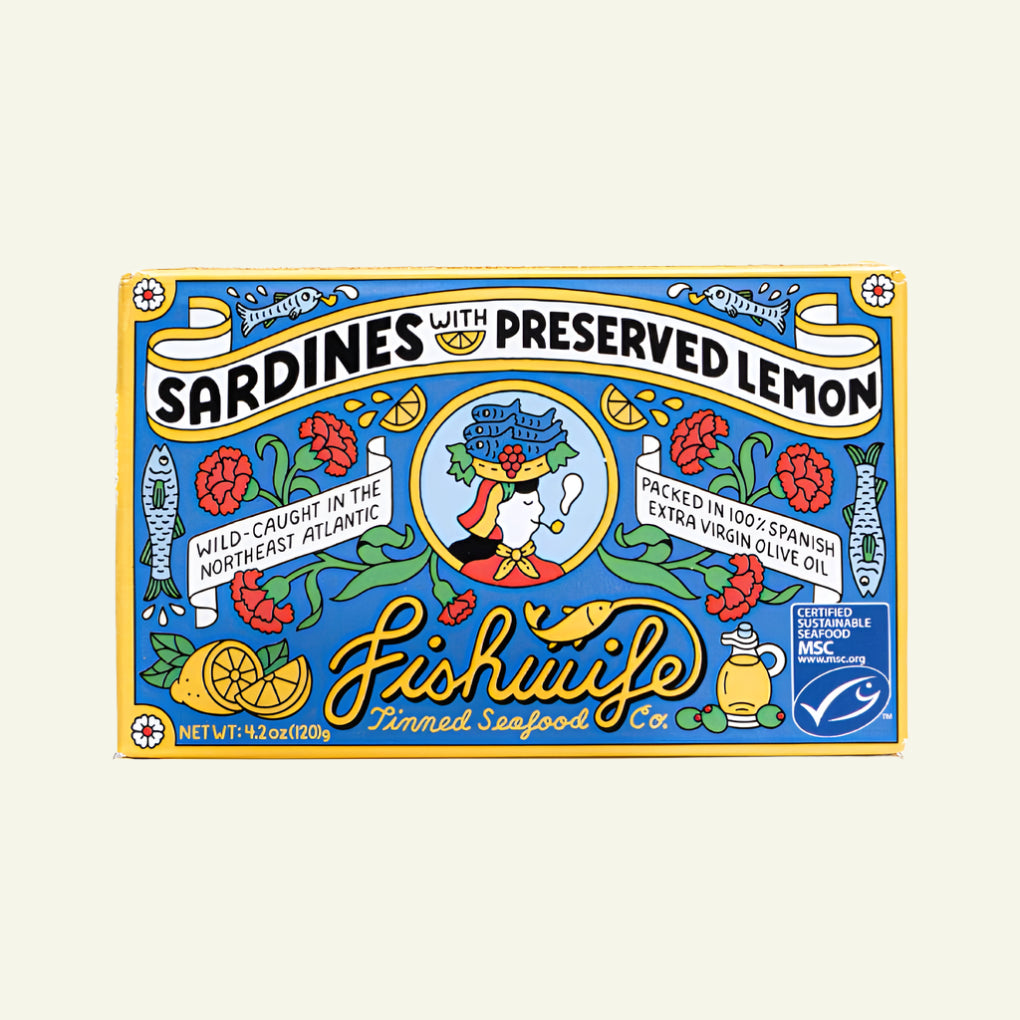 Fishwife sardines with preserved lemon packaging on a white background