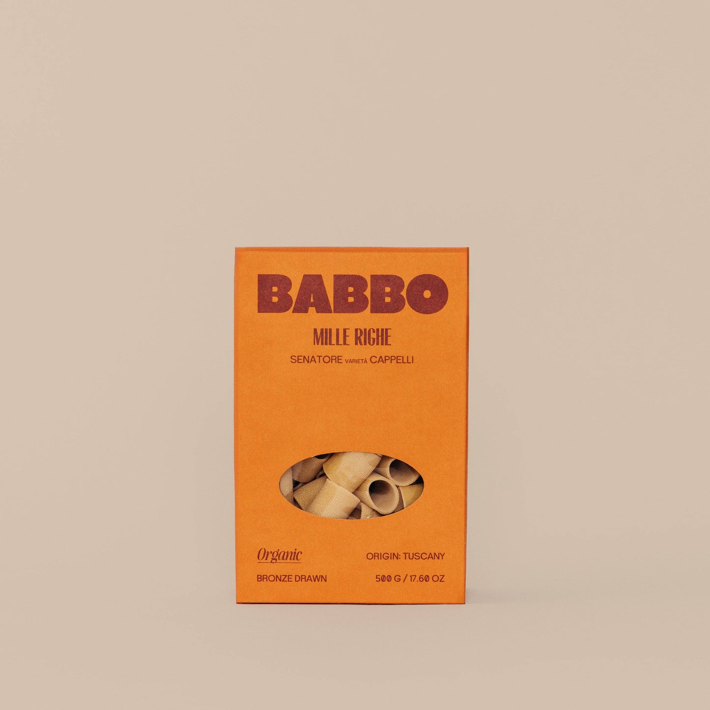 Package of Babbo Mille Righe pasta with a clear window showing the dried pasta inside.