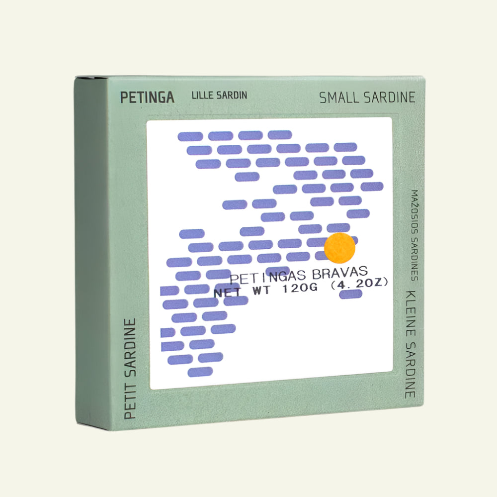 Pettinga small sardine packaging with green box and white label
