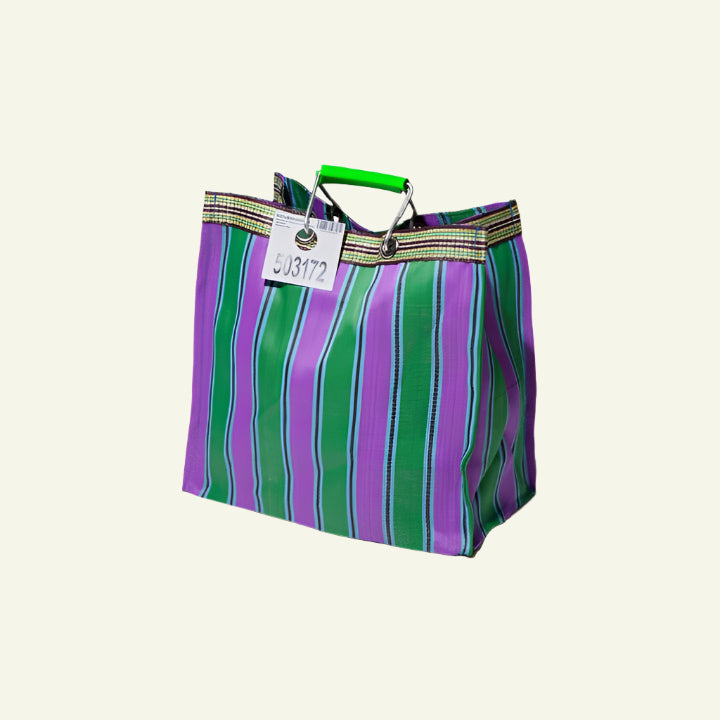 Striped bag with green and purple colors on a white background