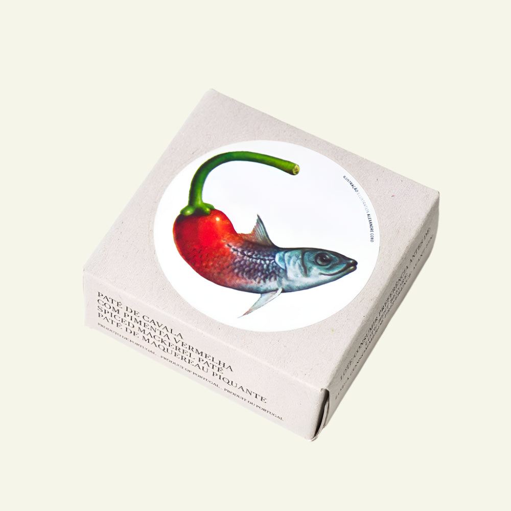 Box with a colorful illustration of a fish and red pepper on a white background