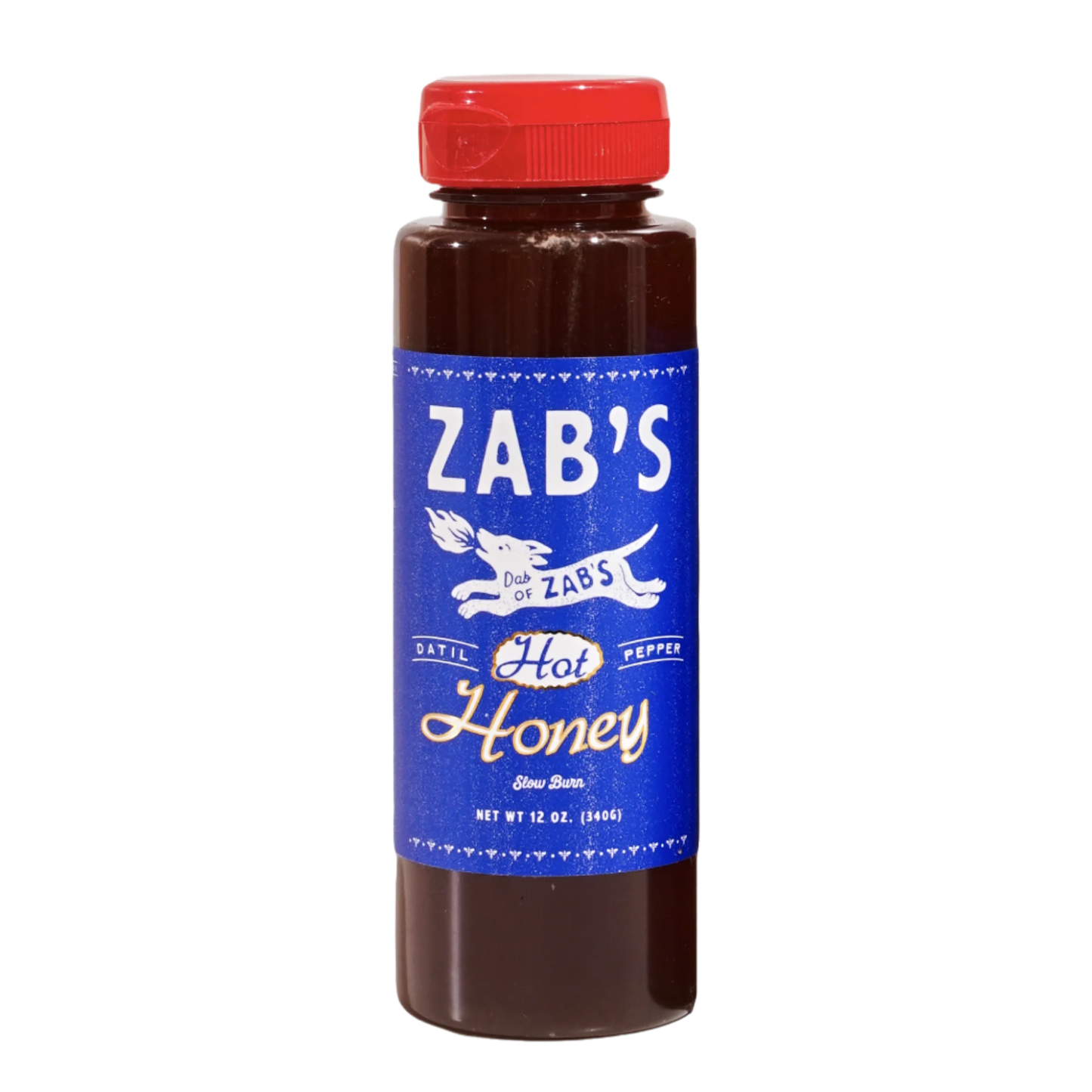 A bottle of Zab's Hot Honey with a blue label and red cap.