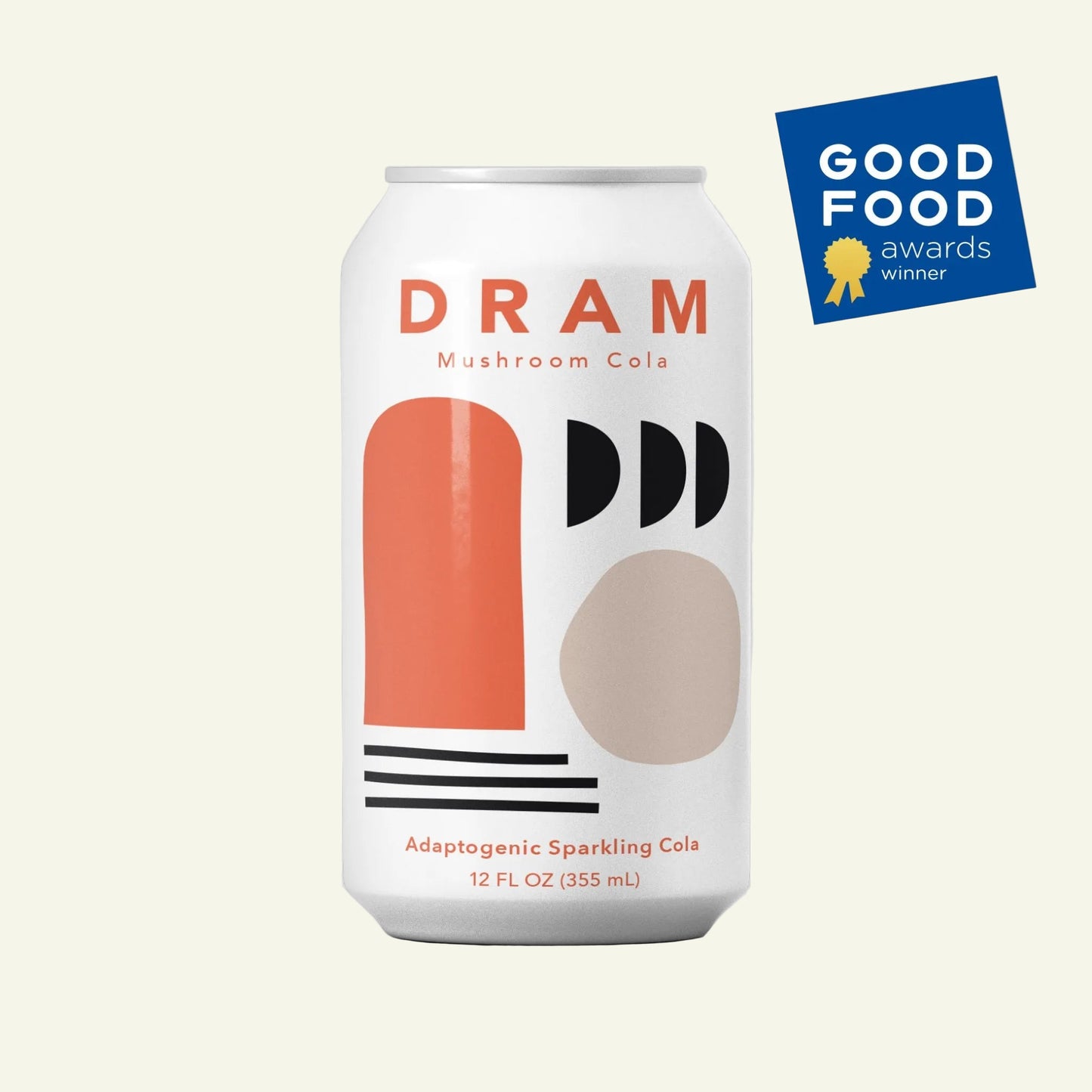 Dram Mushroom Cola can with Good Food Awards badge on a light gray background