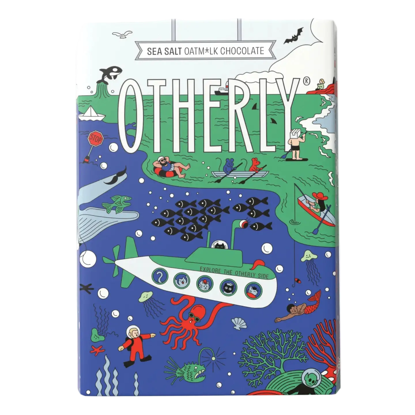 Chocolate packaging with colorful underwater scene and 'OTHERLY' branding