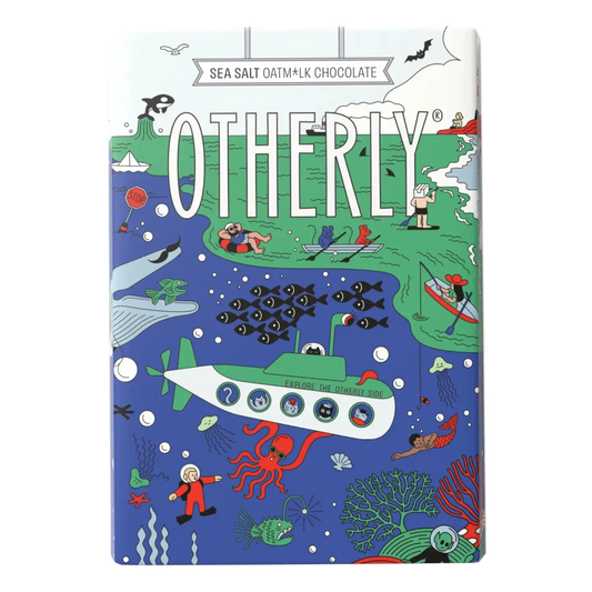 Chocolate packaging with colorful underwater scene and 'OTHERLY' branding