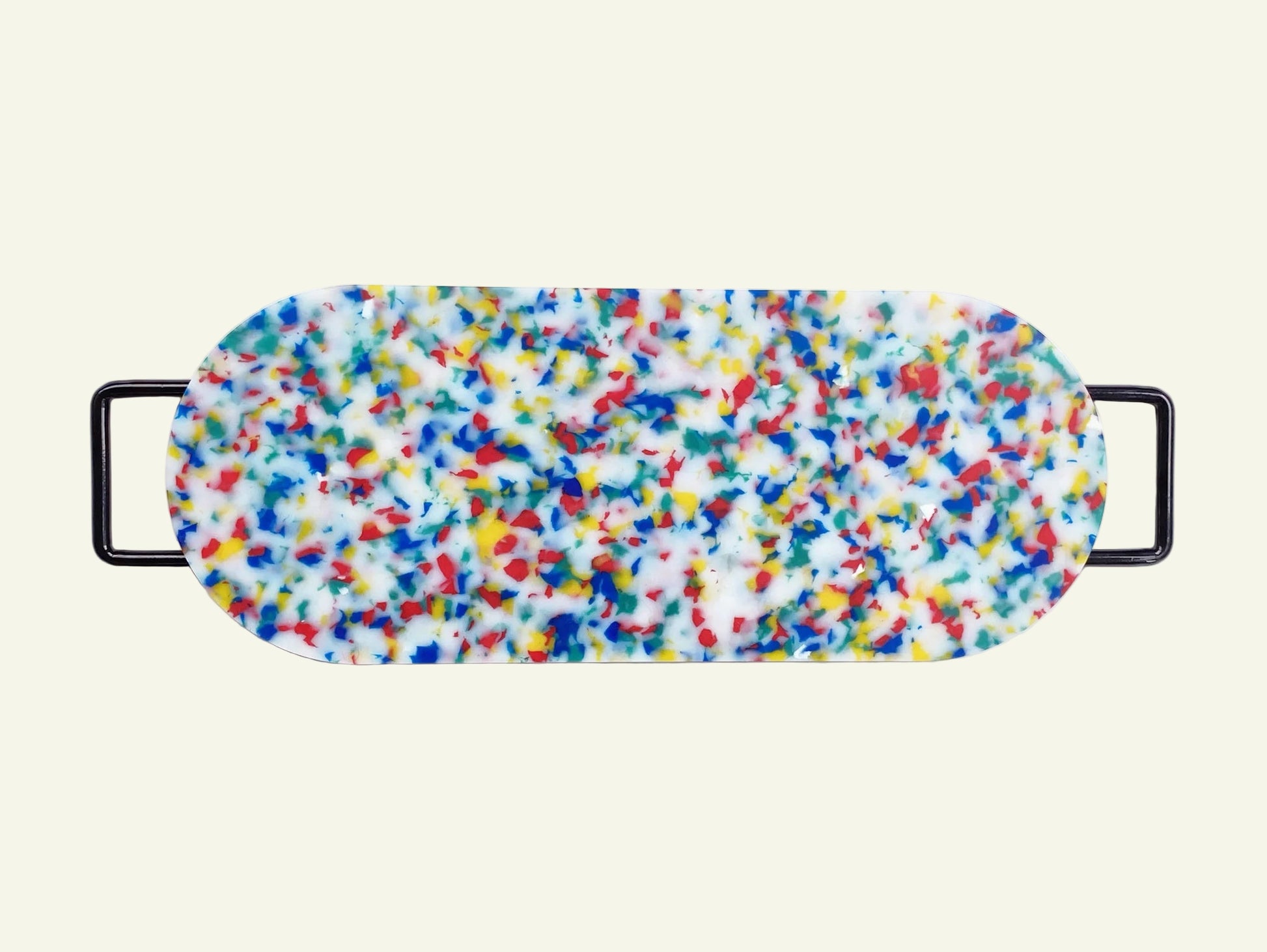 Multicolored eye mask with black straps on a white background