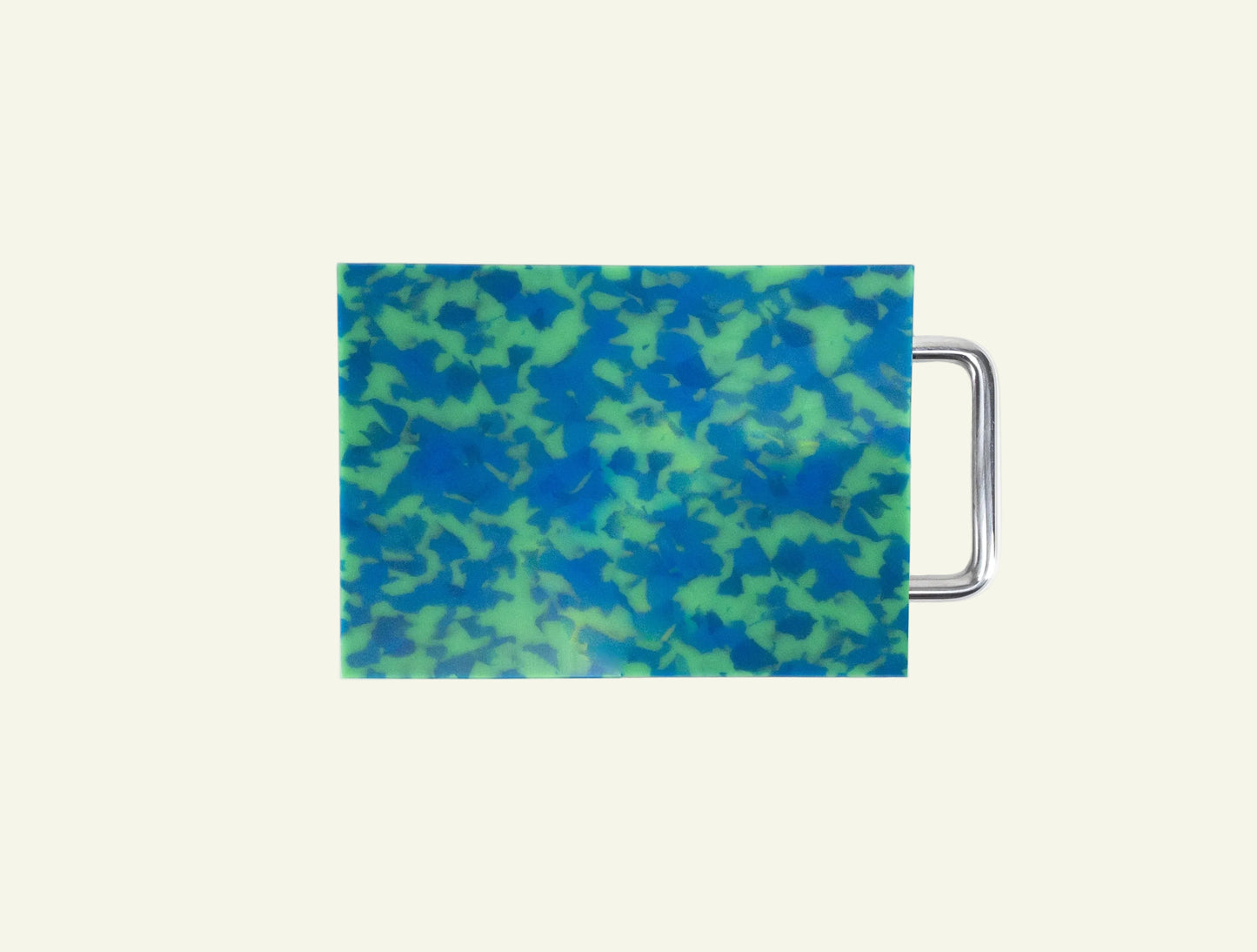 Rectangular bag with blue and green camouflage pattern on a white background