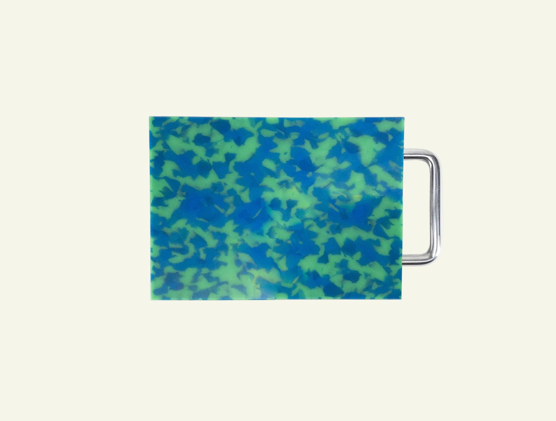 Rectangular bag with blue and green camouflage pattern on a white background