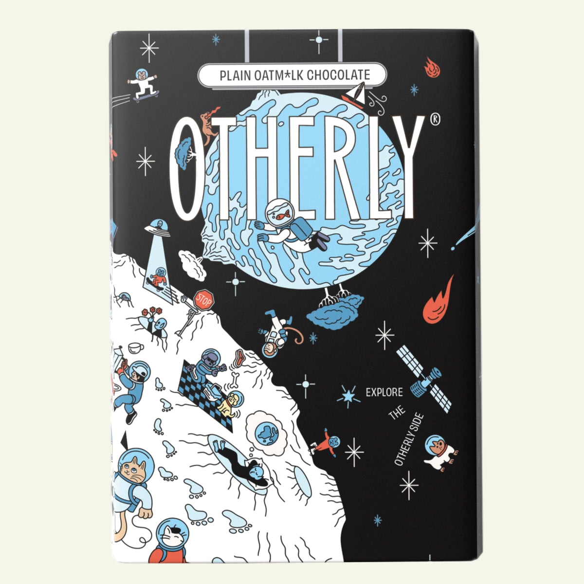 Chocolate bar packaging with space-themed illustration and 'OTHERLY' branding.