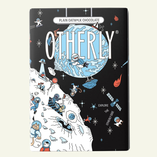 Chocolate bar packaging with space-themed illustration and 'OTHERLY' branding.