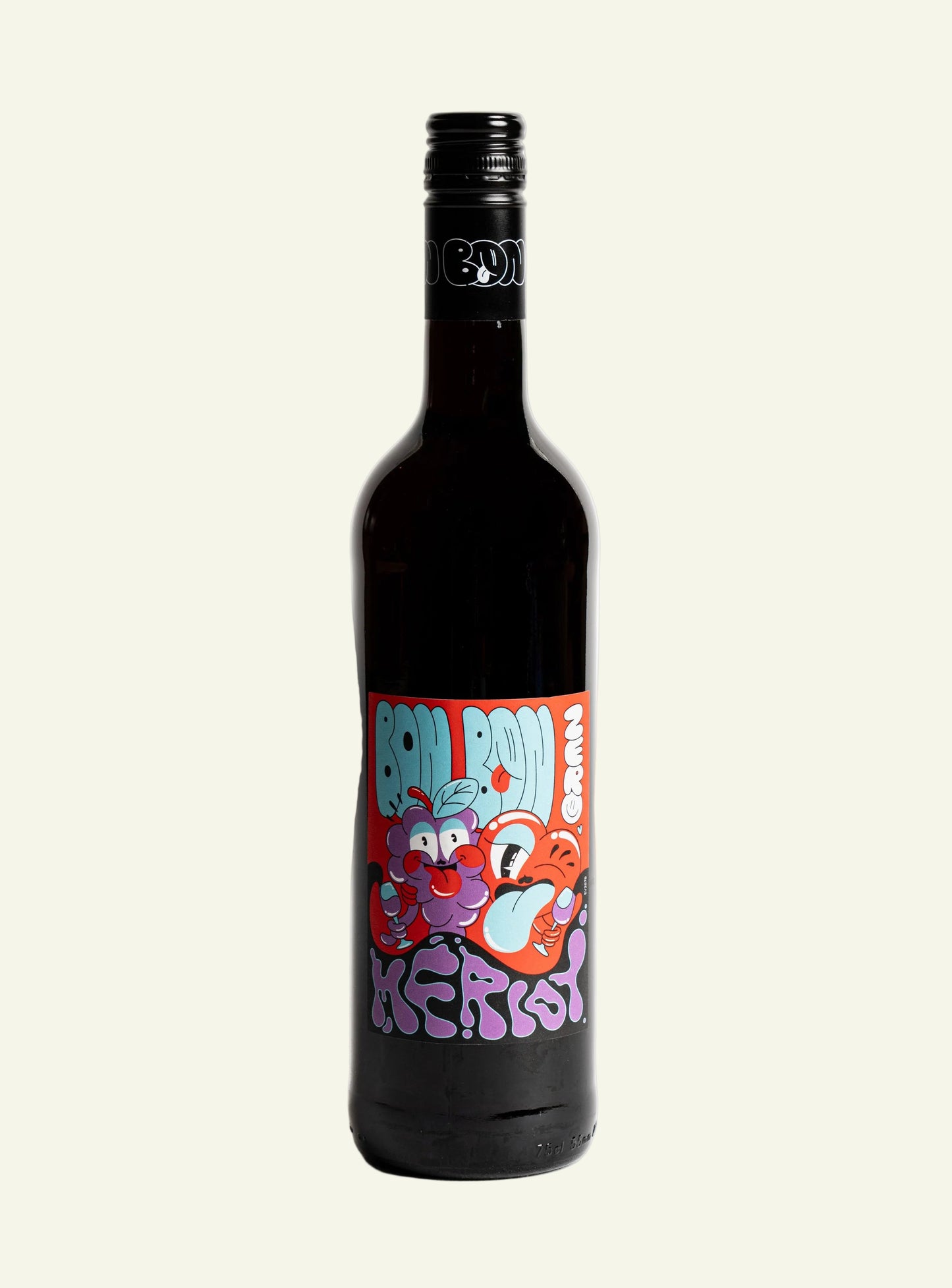 Wine bottle with colorful label on a white background