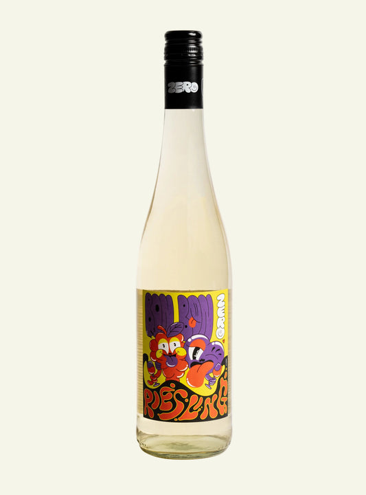 Bottle of white wine with a colorful label on a white background