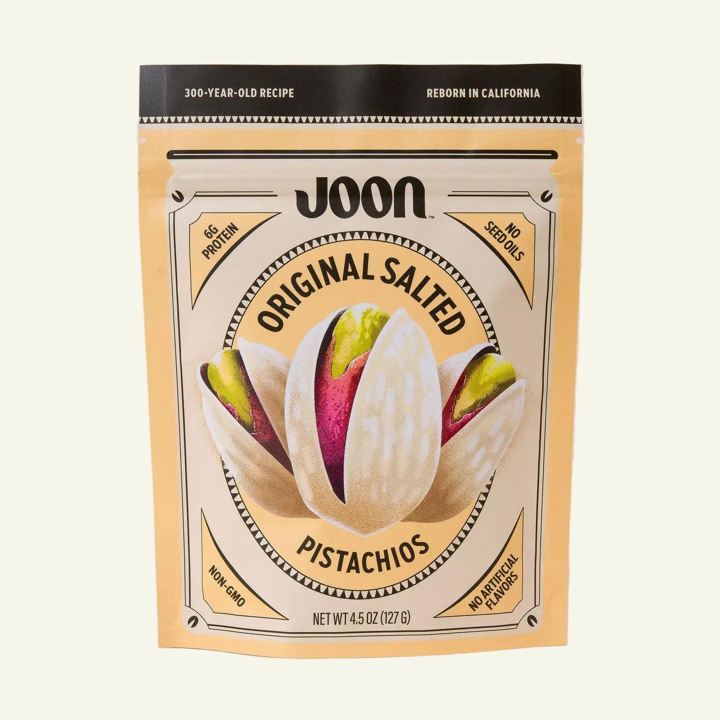 Package of Joon Original Salted Pistachios on a beige background