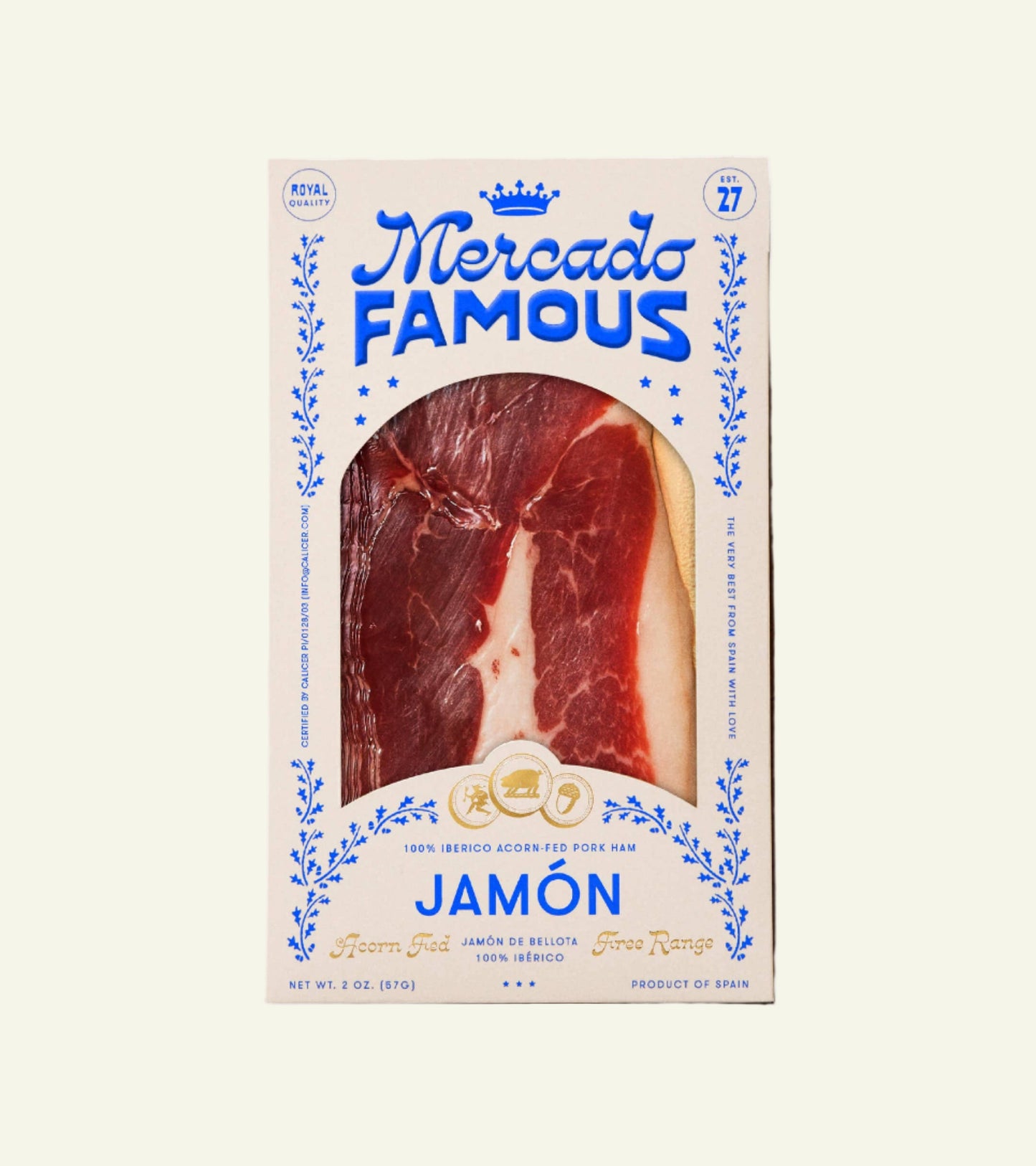 Mercado Famous Jamón packaging on a beige background