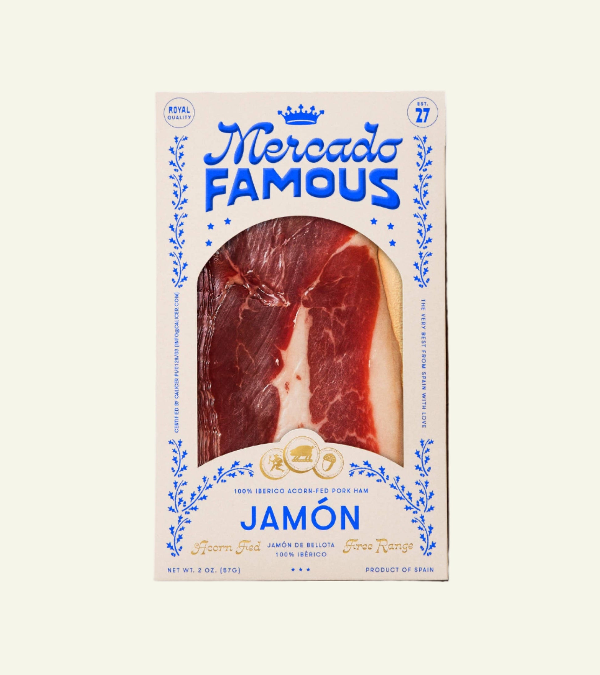 Mercado Famous Jamón packaging on a beige background