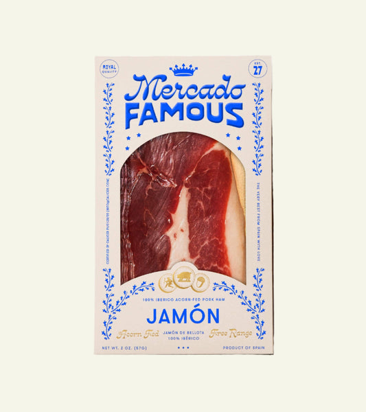 Mercado Famous Jamón packaging on a beige background