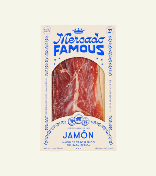 Mercado Famous Jamón packaging on a beige stone background