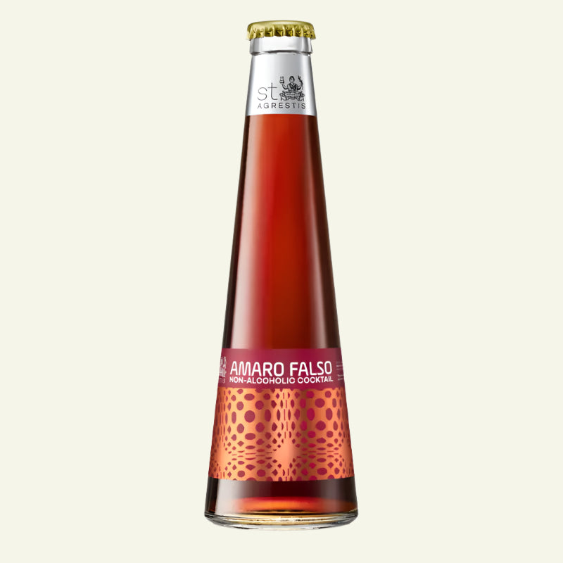 Bottle of Amaro Falso non-alcoholic cocktail on a white background
