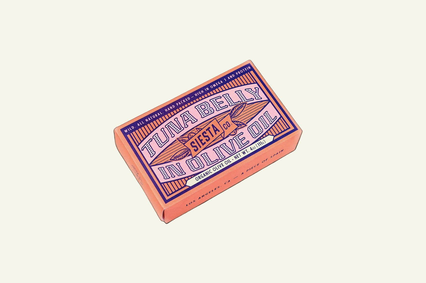 Box of tuna belly in olive oil on a pink background