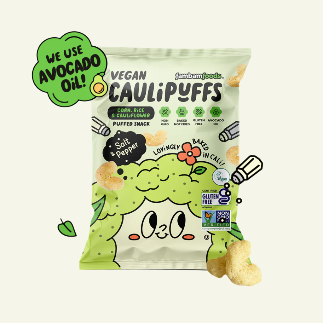 A package of CauliPuffs Vegan Salt & Pepper snack with a graphic design, product information, and a claim of using avocado oil.