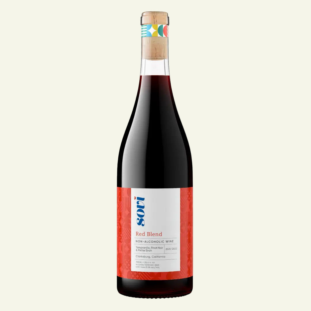 Bottle of SOVI red blend wine with a colorful label on a white background