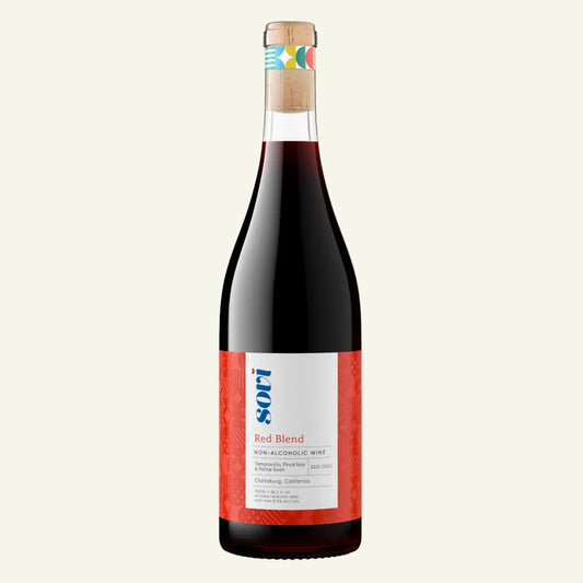 Bottle of SOVI red blend wine with a colorful label on a white background