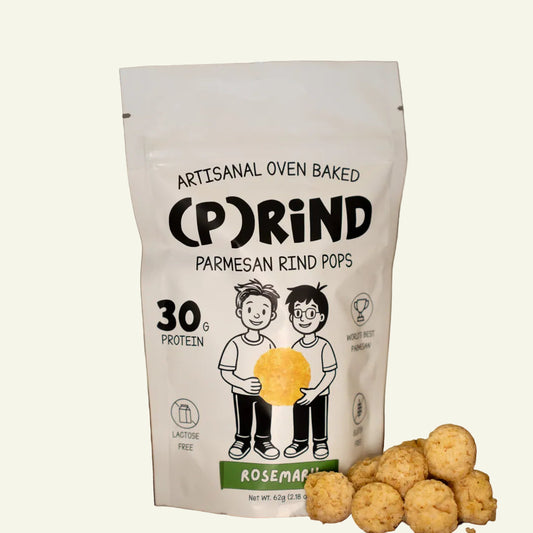 Packaging of Artisanal Oven Baked Parmesan Rind Pops with product on a wooden surface