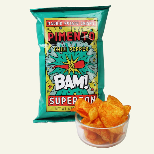 Pimento chili pepper flavored potato crisp bag with chips in a bowl on a white background