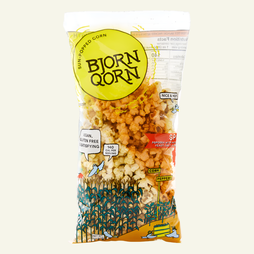 Bjorn Qorn popcorn bag on a white background