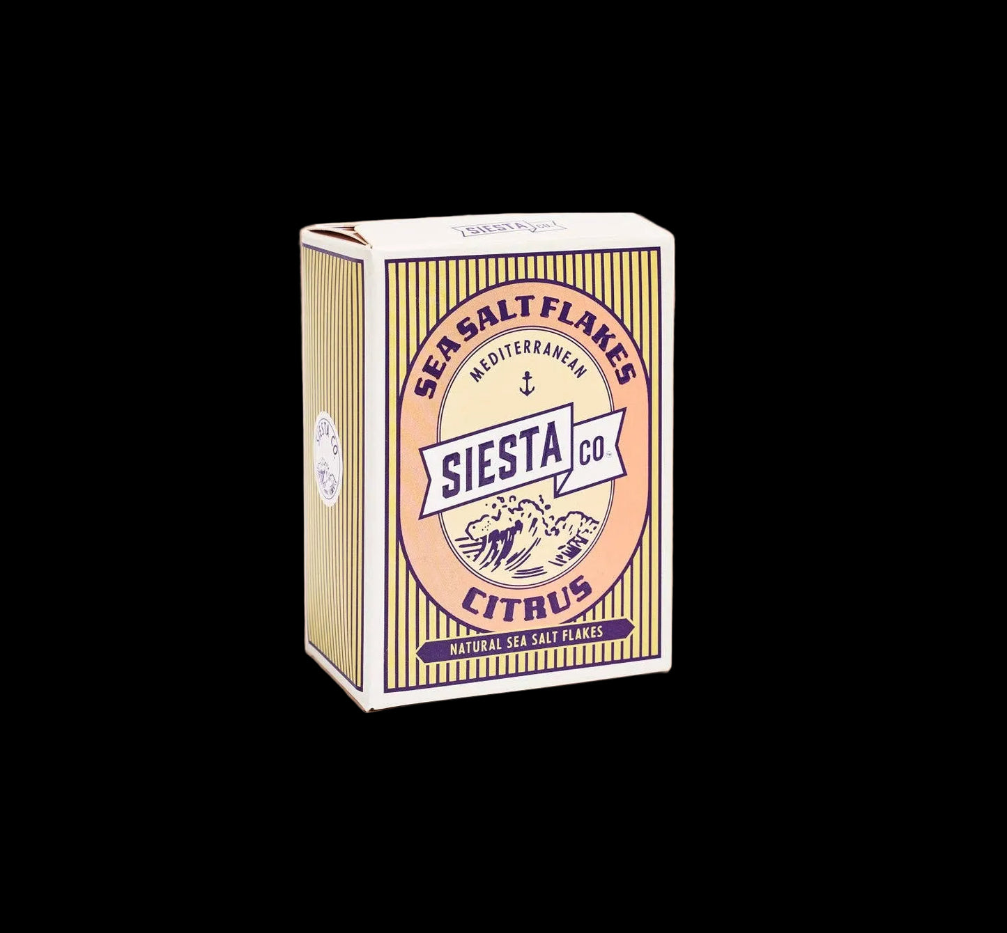Box of Siesta Co sea salt flakes on a beige background