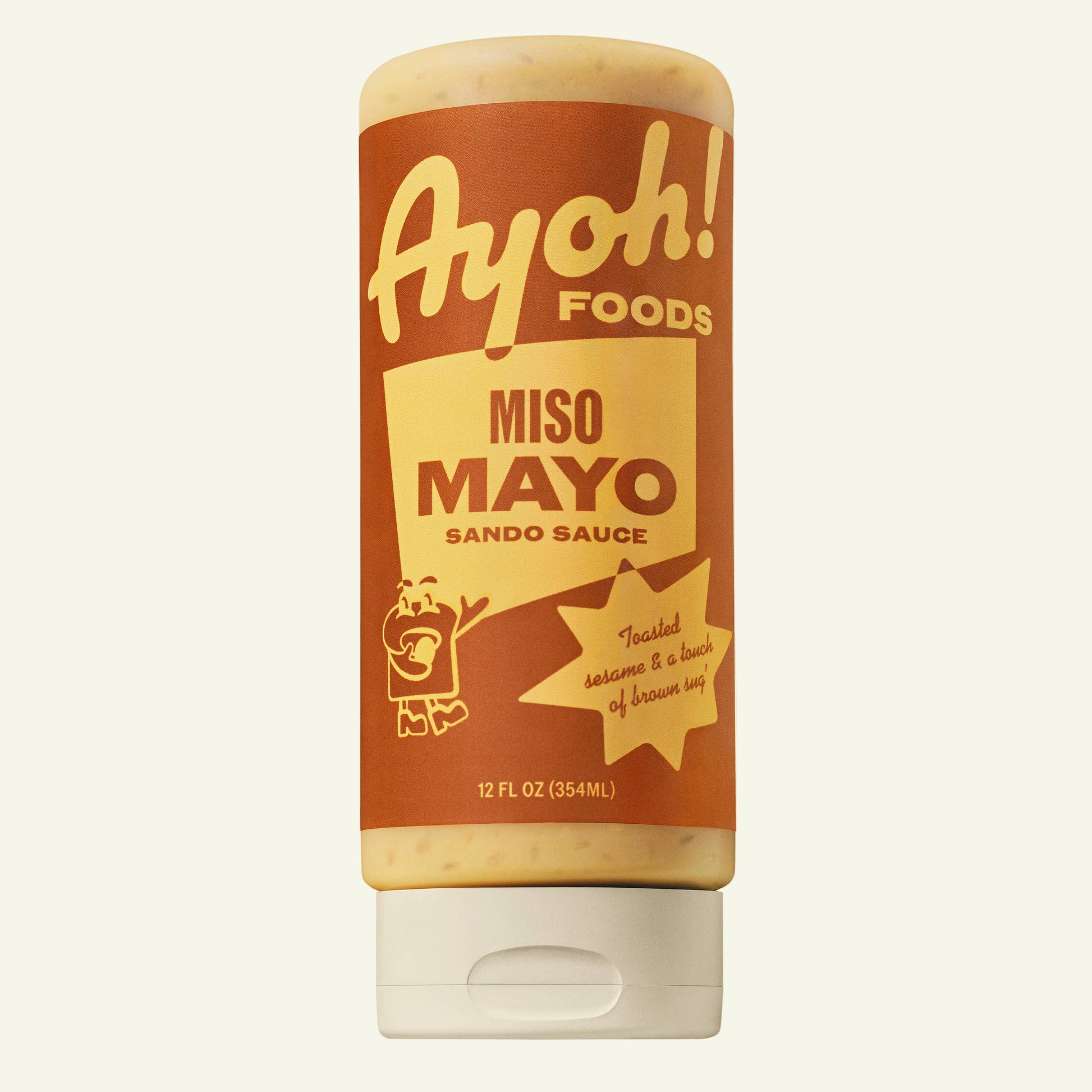 Ayoh! Foods Miso Mayo Sando Sauce bottle on a beige background