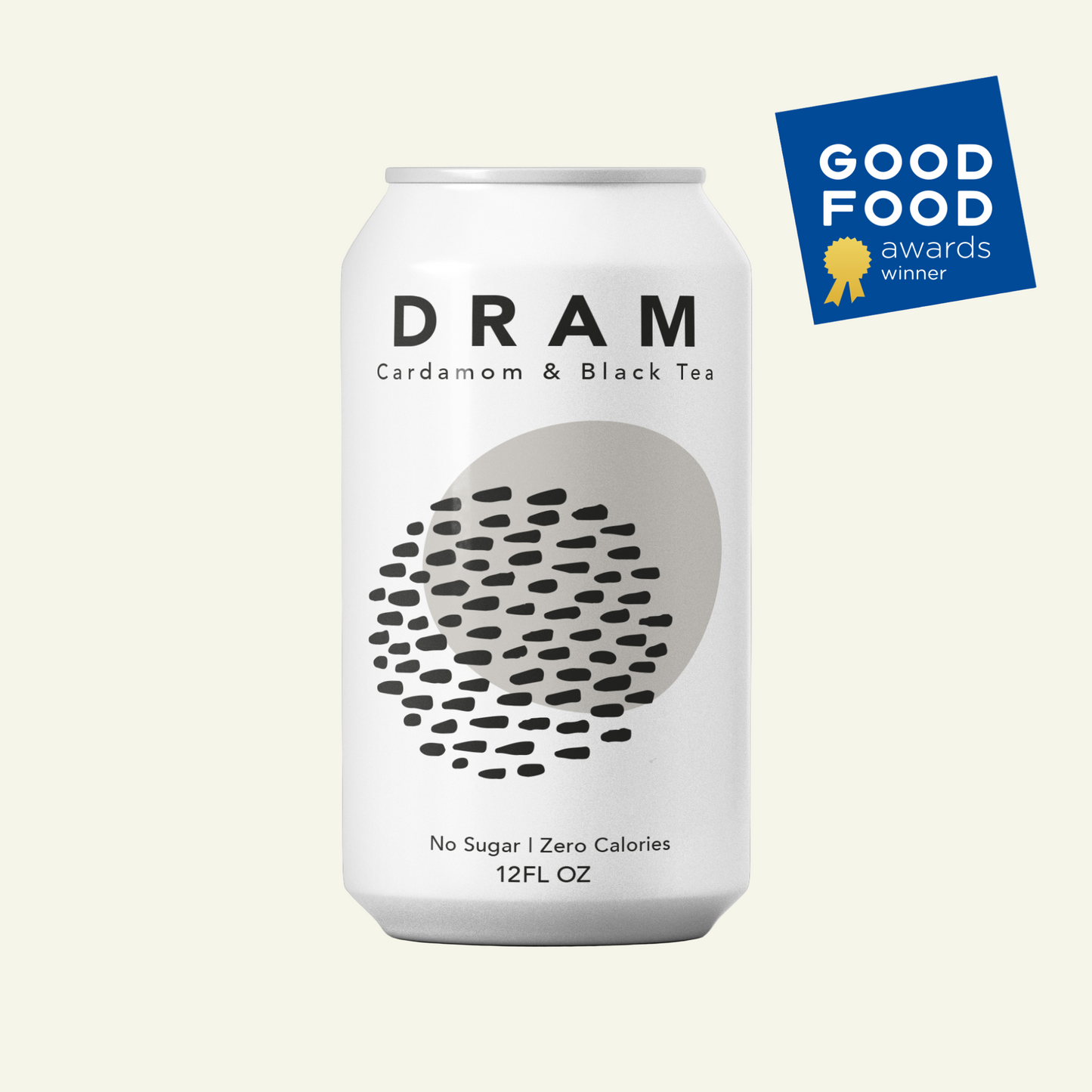 Dram cardamom & black tea can with Good Food Awards badge on a light gray background