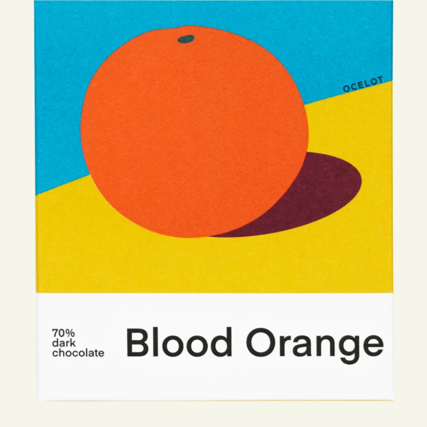 Chocolate bar packaging with a blood orange illustration on a blue and yellow background