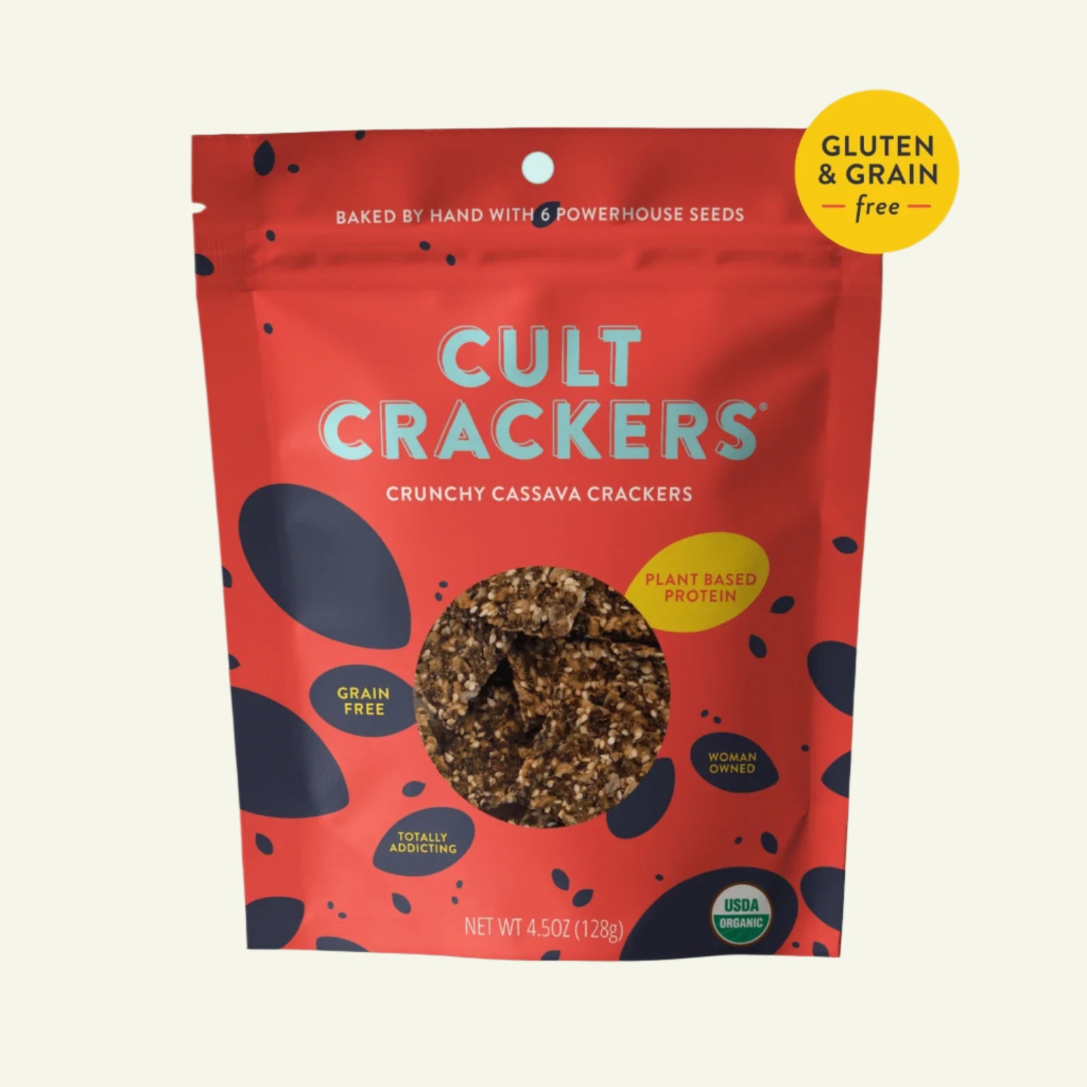 Red package of Cult Crackers on a light blue background