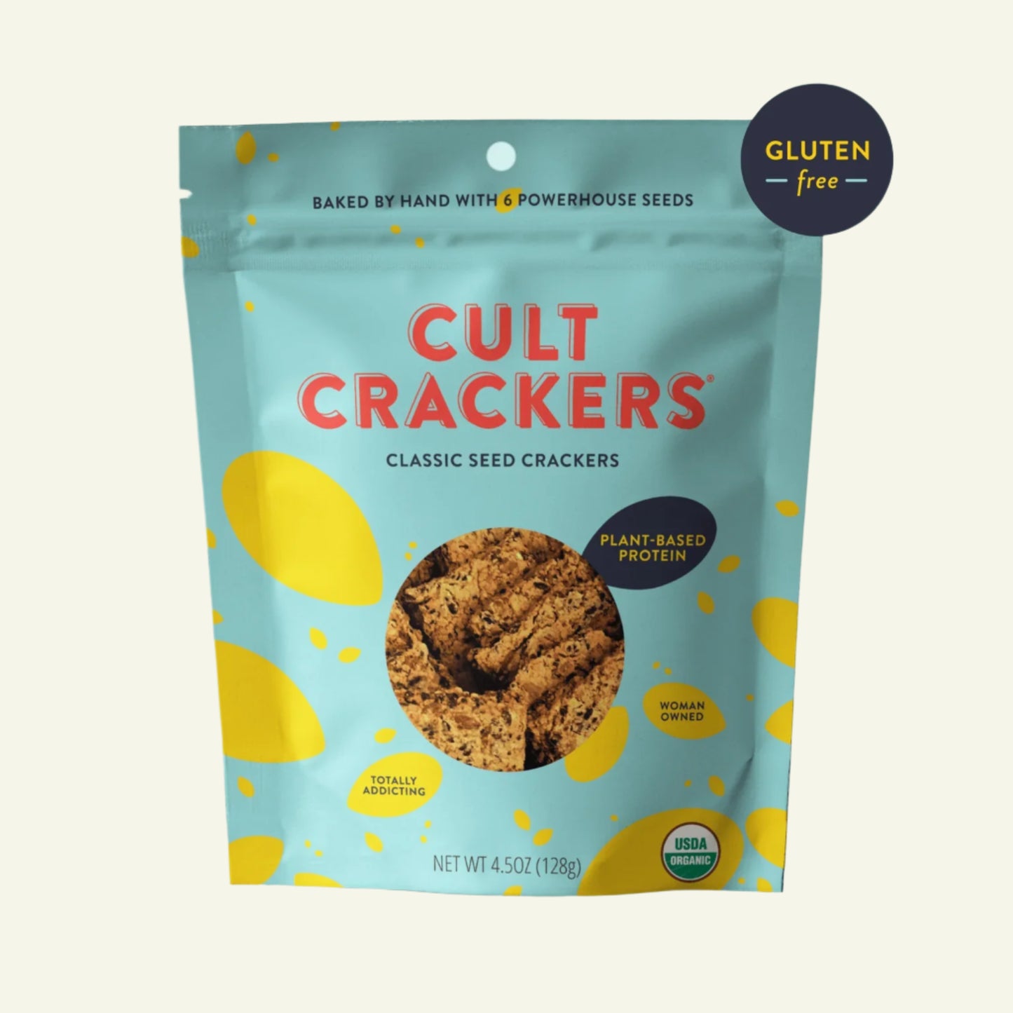 Package of Cult Crackers with a light blue background