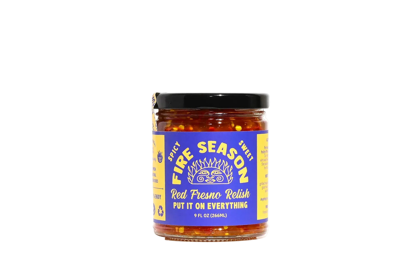 Jar of Fire Season hot sauce with a blue label on a white background