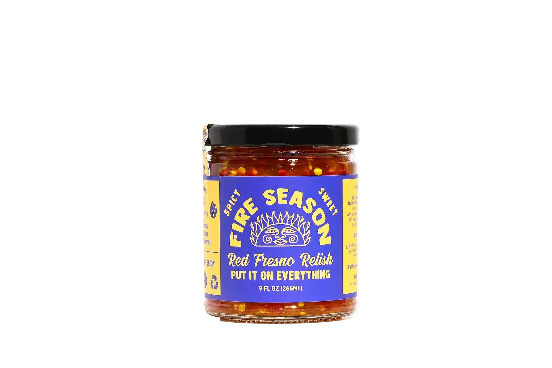 Jar of Fire Season hot sauce with a blue label on a white background