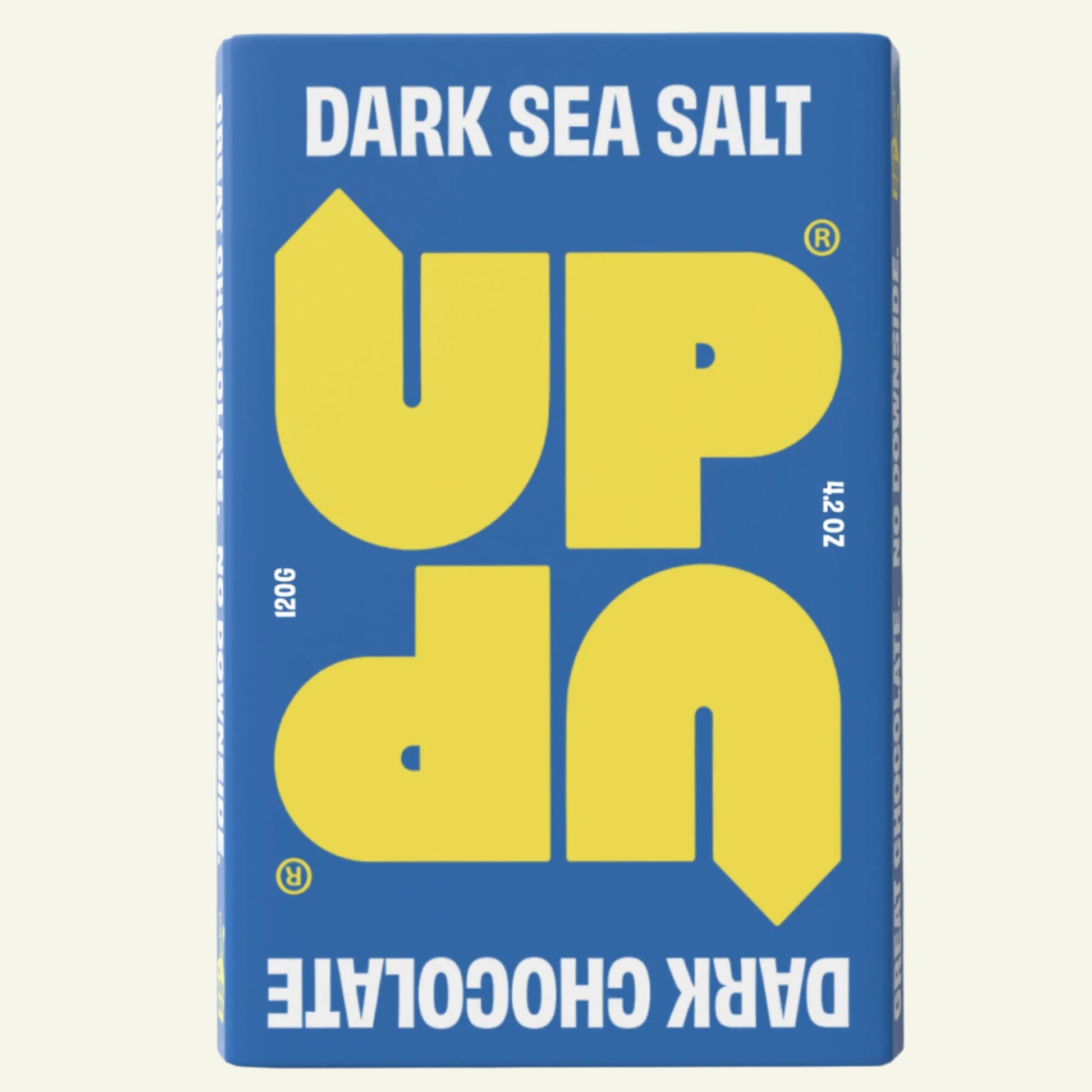A blue packaging of UP-UP Dark Sea Salt chocolate bar with large yellow text and smaller white text at the bottom.