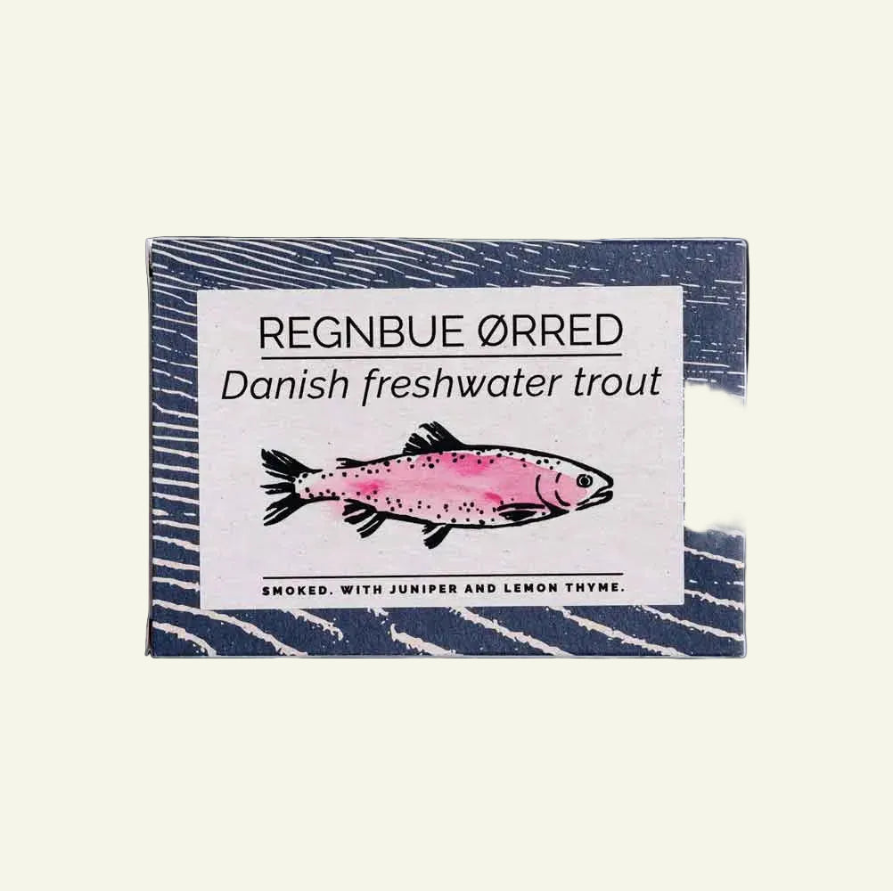 Packaging of Regnbue Orred Danish freshwater trout with a pink fish illustration on a white background.