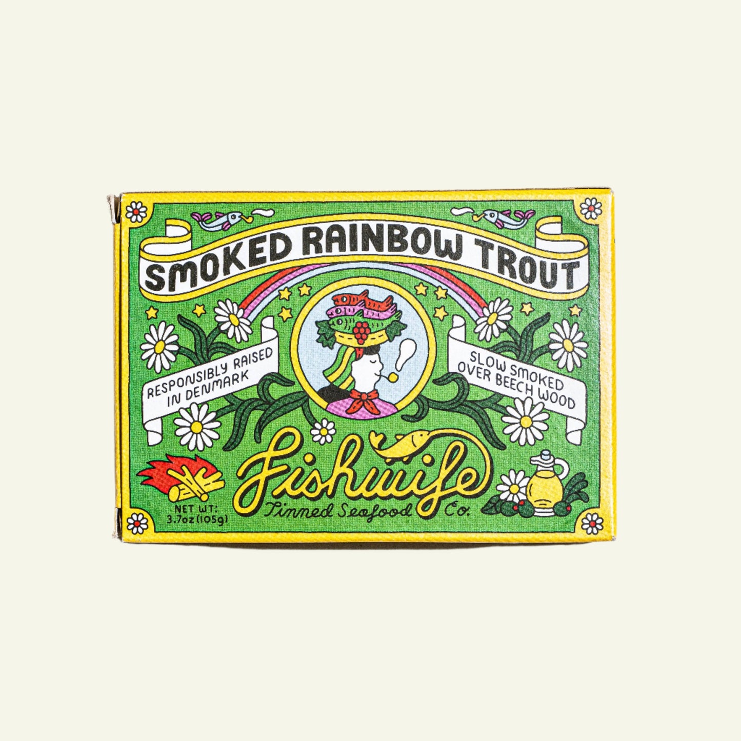 Packaging of smoked rainbow trout from Fishwife Tinned Seafood Co on a white background