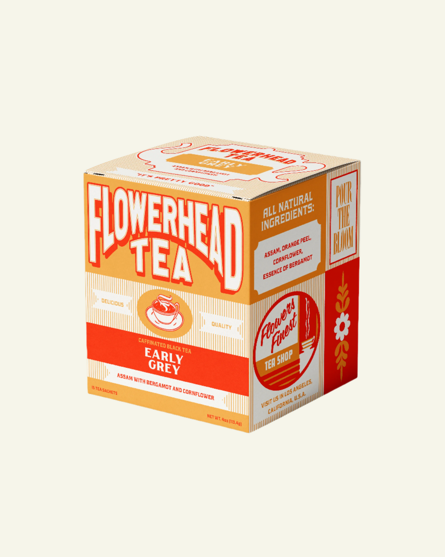 Box of Flowerhead Tea Early Grey with 15 biodegradable wrapped sachet tea bags, in packaging with red and yellow colors and floral graphics.