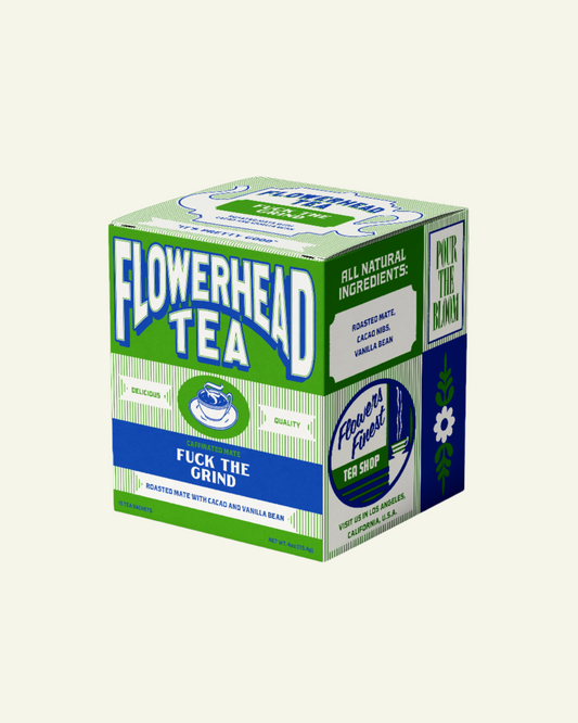 Box of Flowerhead Tea branded tea bags with 'Fuck the Grind' text on the packaging.