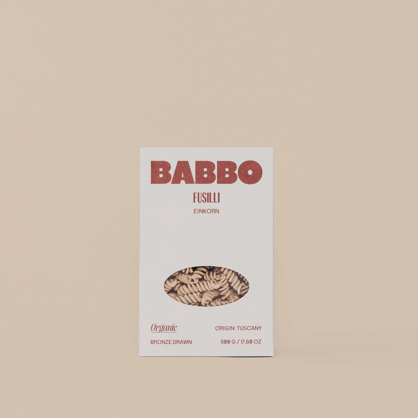 Package of Babbo Fusilli pasta with a clear window showing the dried pasta inside.