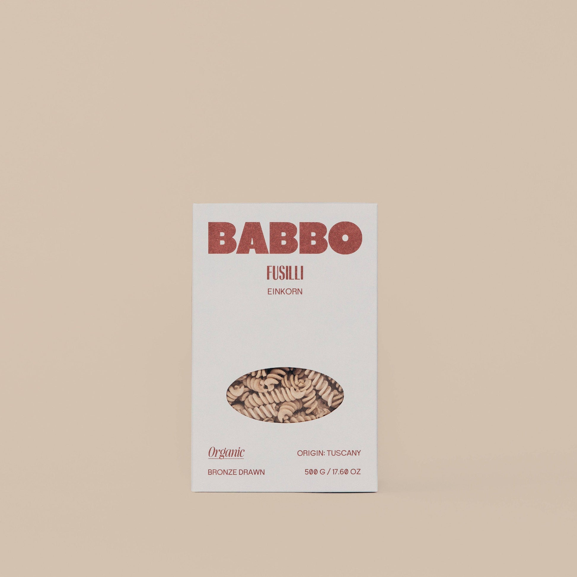 Package of Babbo Fusilli pasta with a clear window showing the dried pasta inside.