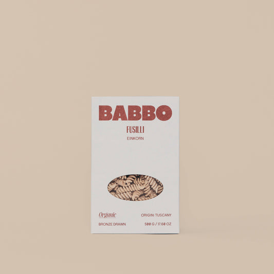Package of Babbo Fusilli pasta with a clear window showing the dried pasta inside.